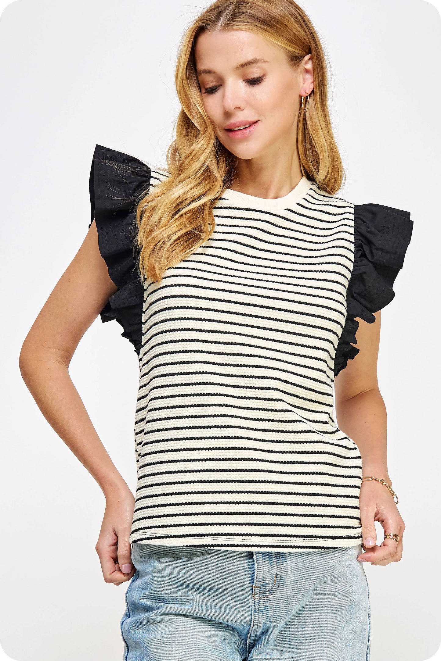 Mixed Media Stripe Top-stitch Knit Top
