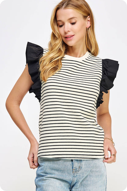 Mixed Media Stripe Top-stitch Knit Top