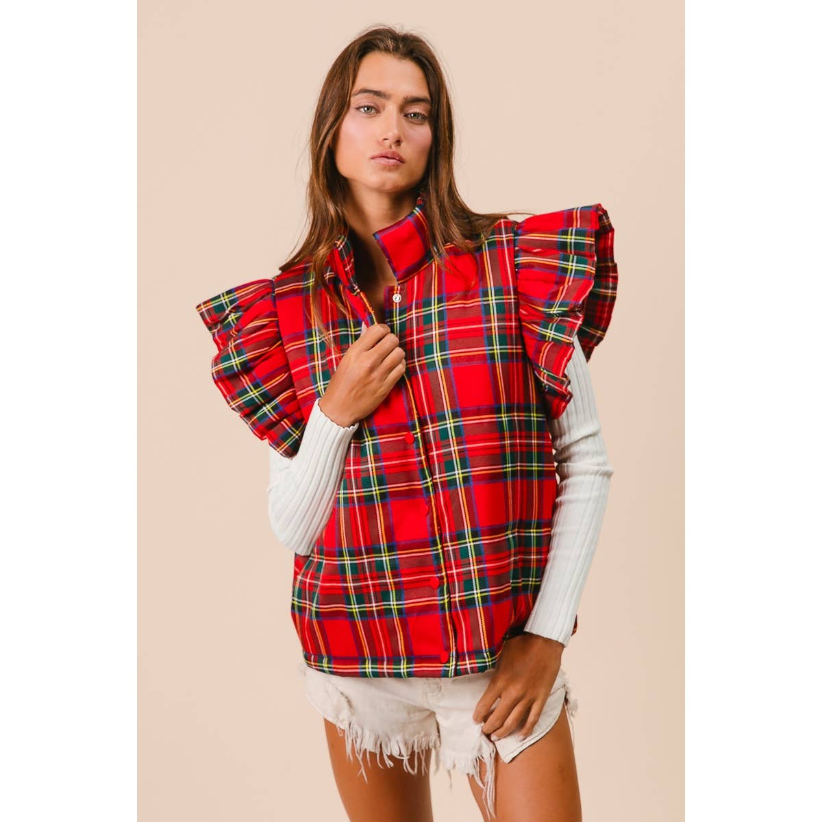 CHRISTMAS PLAID RUFFLE VEST