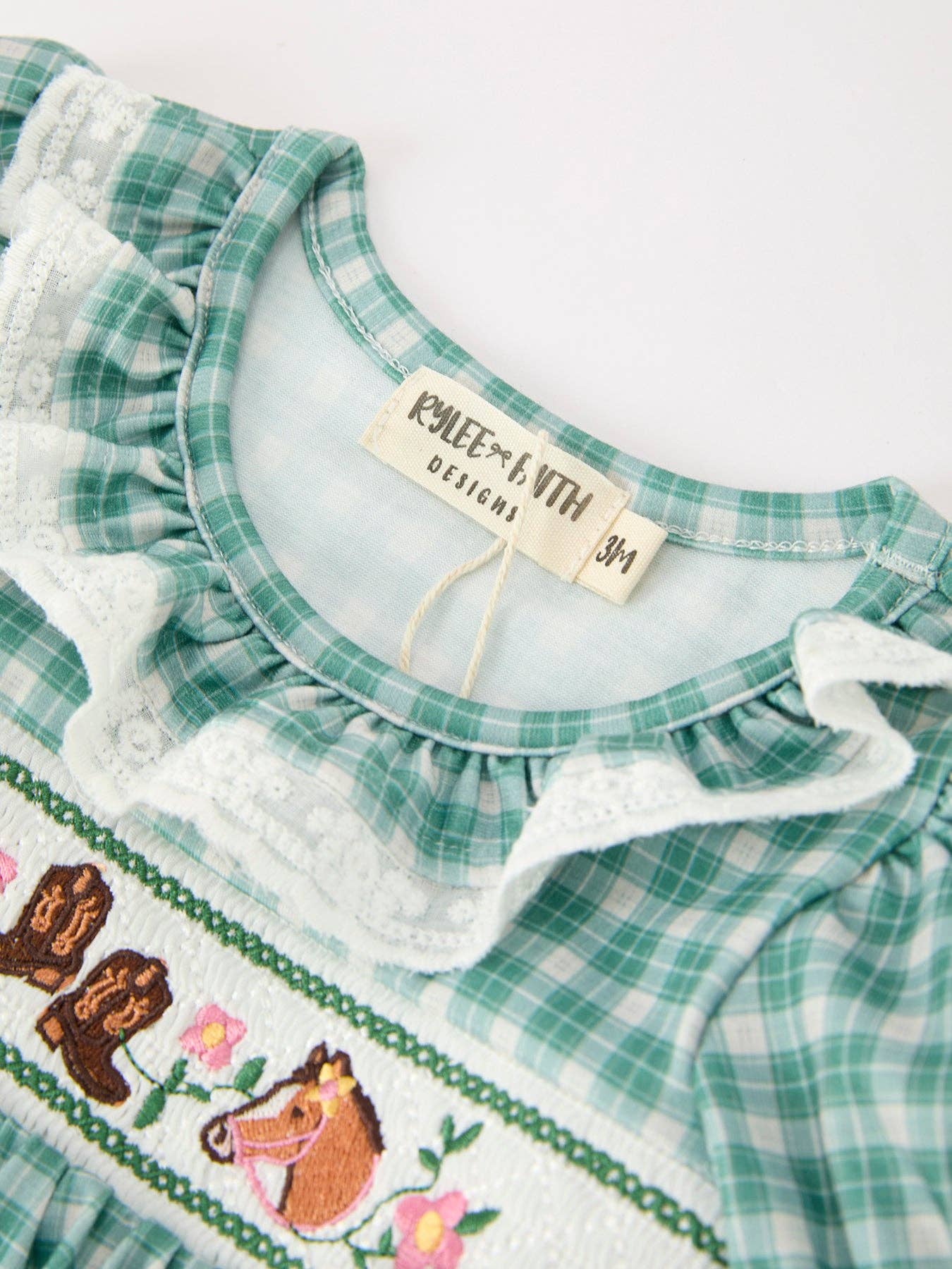 Girl's Western Plaid Horse Embroidered Bubble Romper