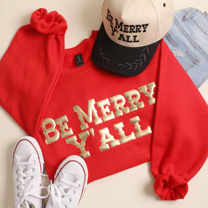 "BE MERRY Y'ALL" Metallic Gold Puff Sweatshirt