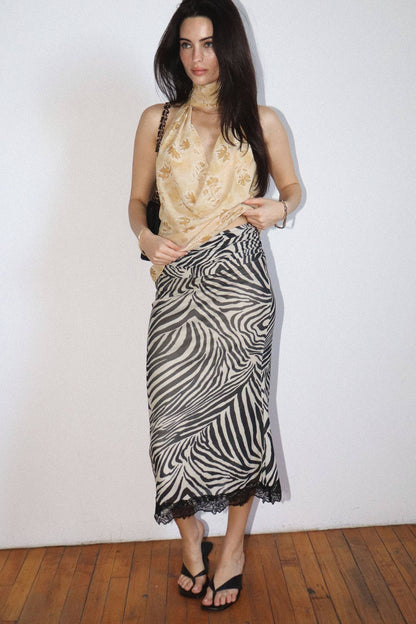 Zebra Print Midi Lace Trim Skirt