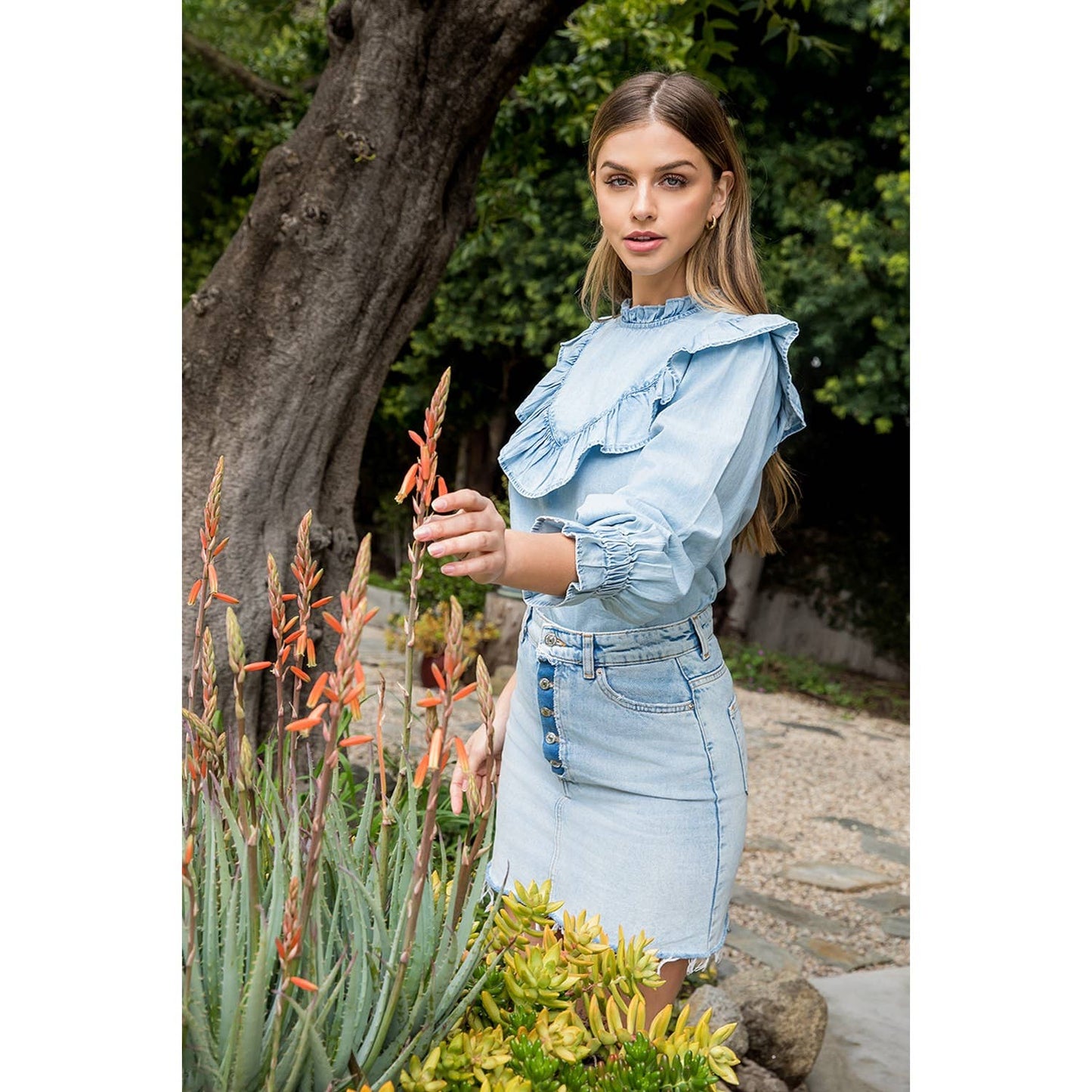 Long Sleeve Ruffle Denim Top