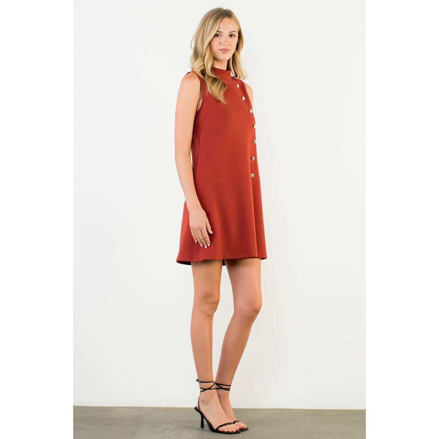 Button Detail High Neck Sleeveless Dress