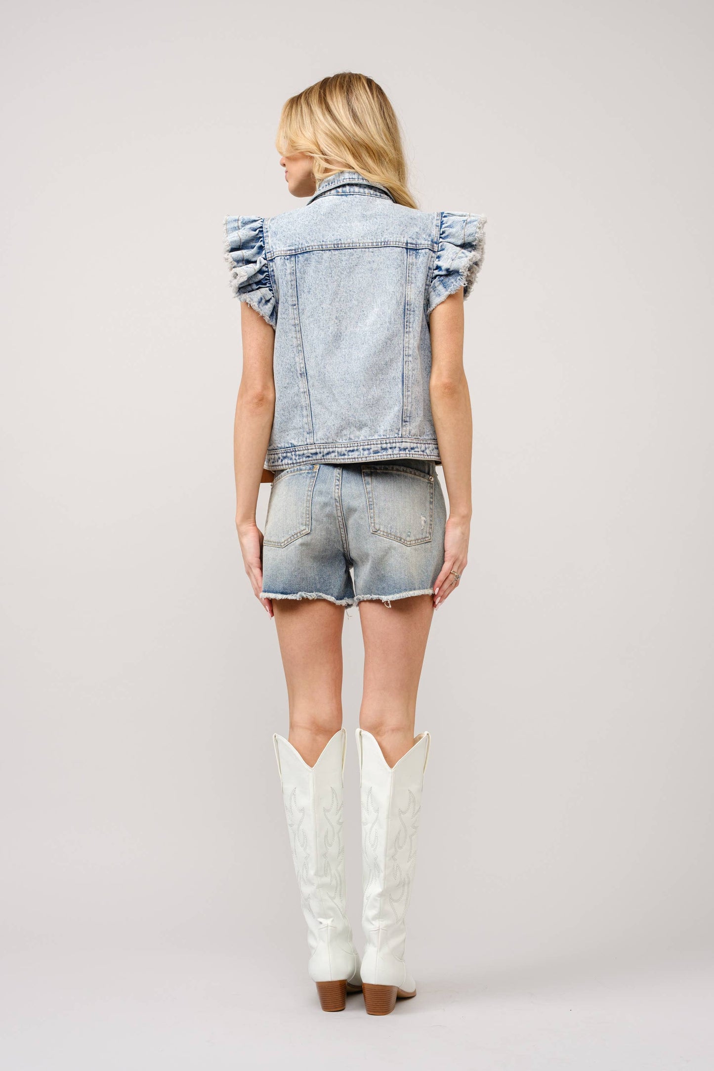 Washed Ruffle Sleeve Button-Up Denim Vest