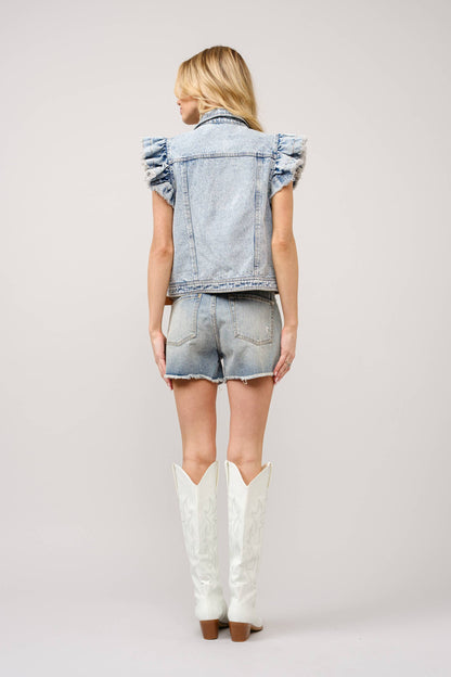 Washed Ruffle Sleeve Button-Up Denim Vest