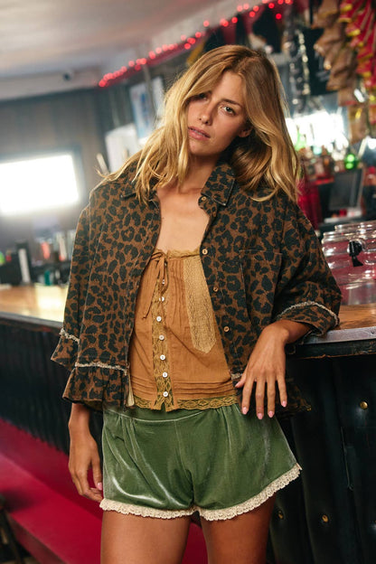 Leopard Print Ruffle Hemline Shirt Top
