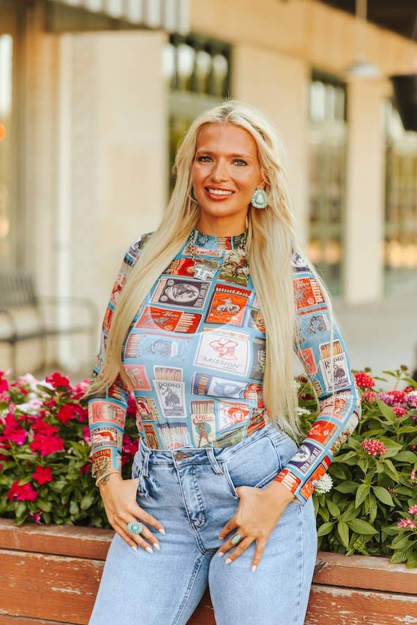 Plus Size Jade Collage Western Printed Long Sleeve Mesh Top