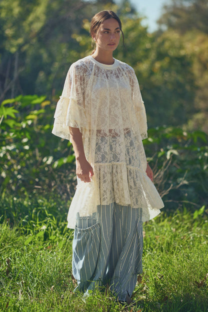 Sheered Lace Tiered Sleeve Flowy Tunic Top
