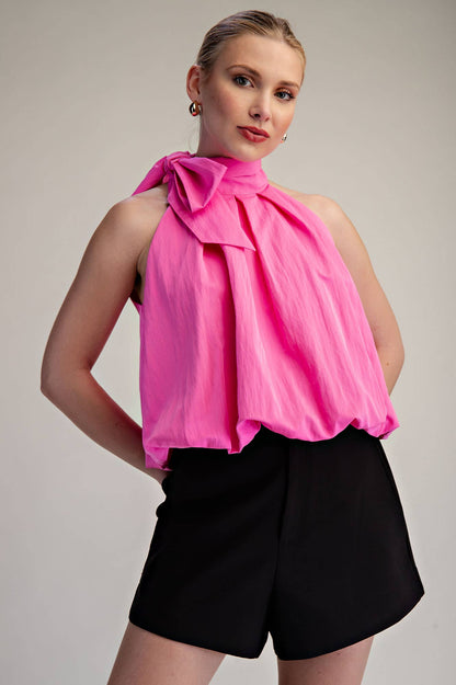 High Neck Tie Wrap Balloon Sleeveless Top