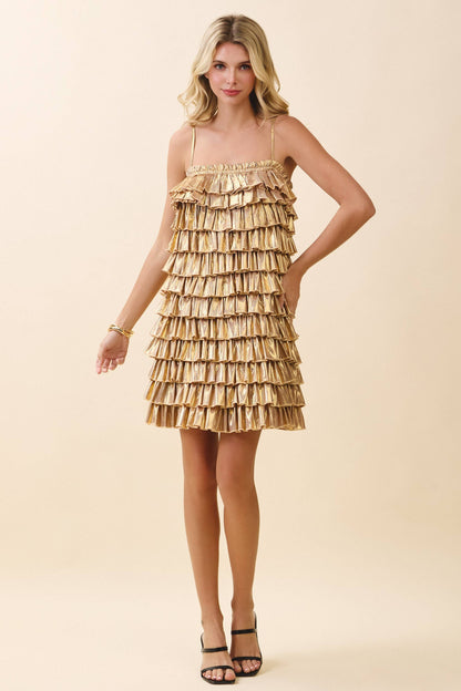 TCEC Metallic Ruffle Tiered Pleated Mini Dress