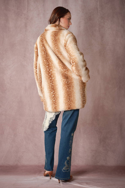 Blue B Deer Print Faux Fur Coat