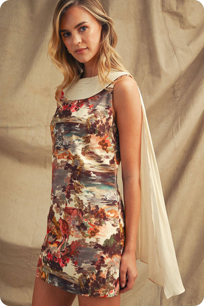 Cottage Garden Braided Neckline Cape Mini Dress
