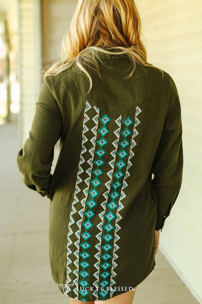 Olive Embroidered Long Sleeve Shirt Dress
