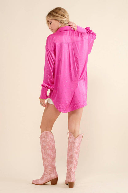 Satin Woven Rhinestone Studded Gem Sparkle Shirt