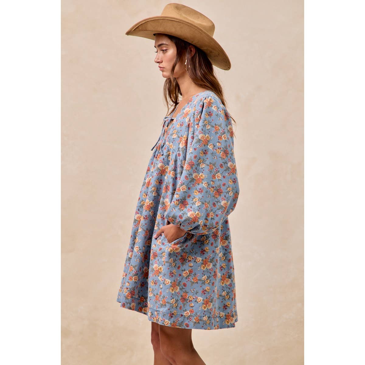 Washed Floral Denim Front Tied Dress