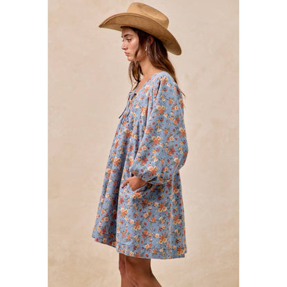 Washed Floral Denim Front Tied Dress