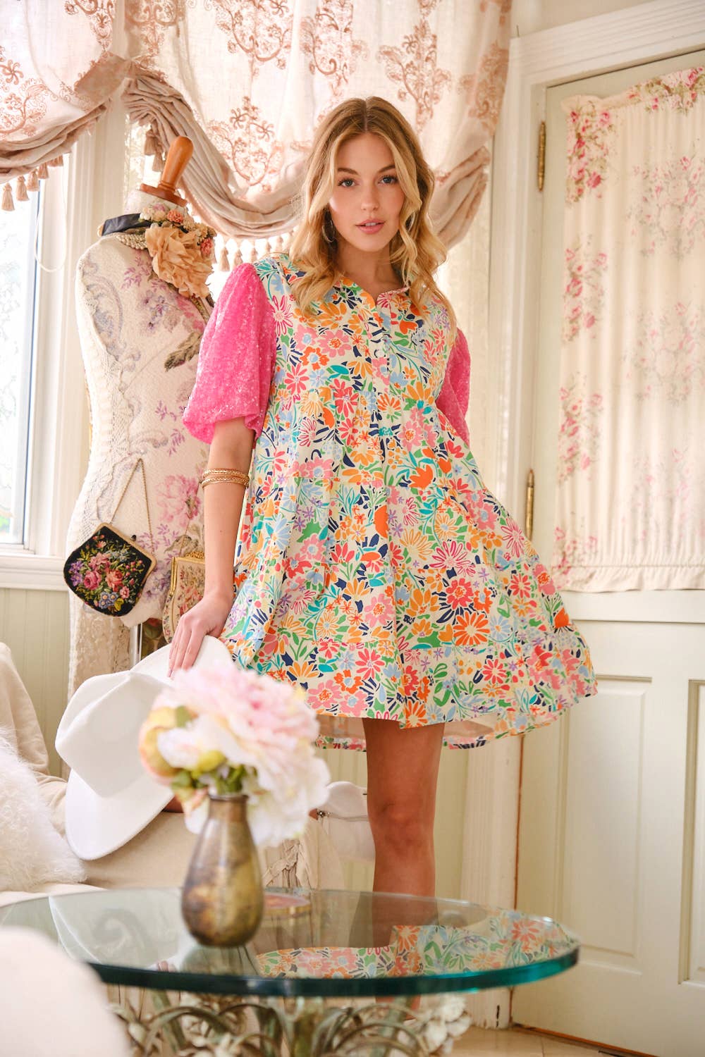 Floral Cotton Sequin Puff SLV Shirt Mini Dress