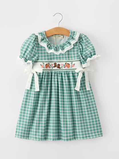 Girl's Western Plaid Horse Embroidered Dress