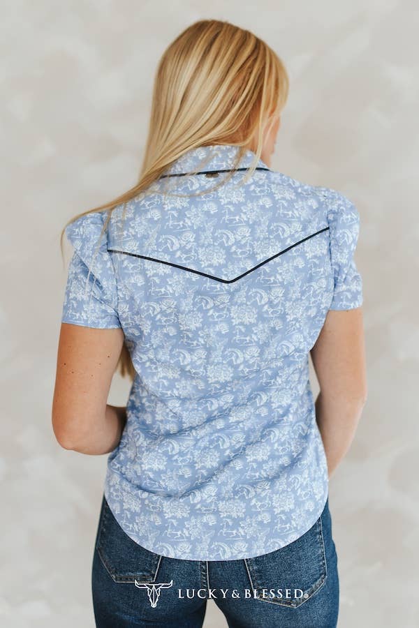 Blue Western Puff Sleeve Pearl Snap Shirt