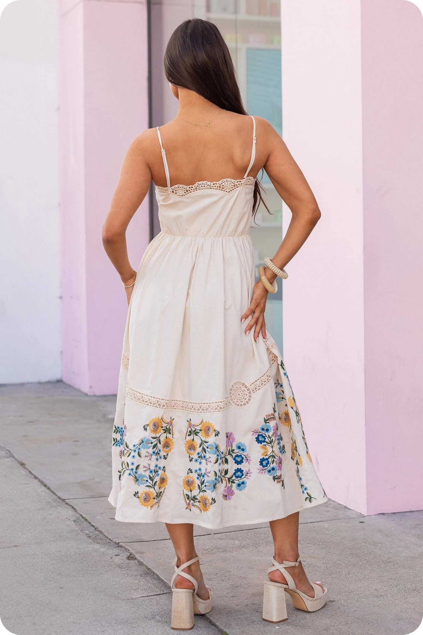 Embroidered Floral Lace Detail Midi Dress