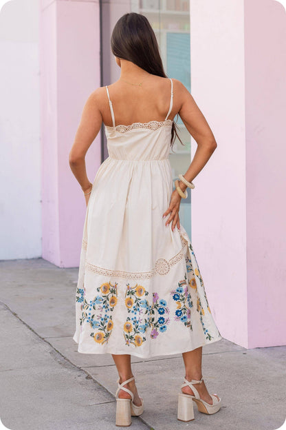 Embroidered Floral Lace Detail Midi Dress