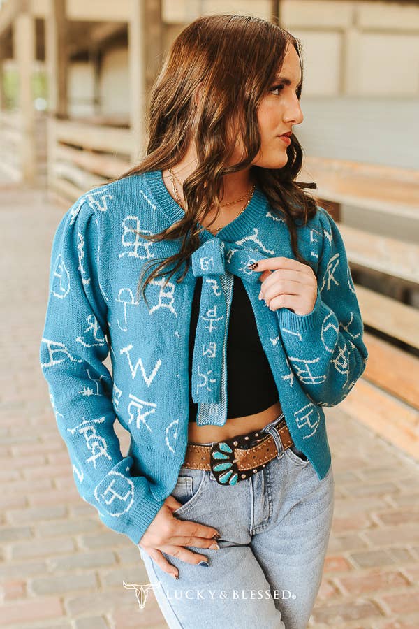 LUCKY & BLESSED Teal Cattle Brand Knit Cardigan
