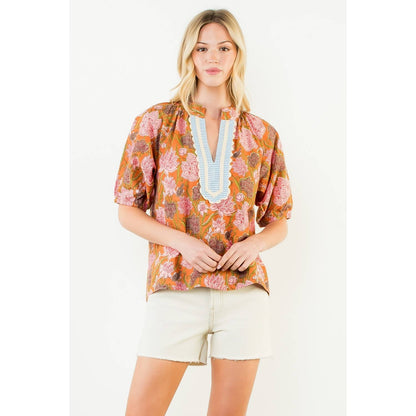Short Sleeve Floral Pattern V-Neck Top