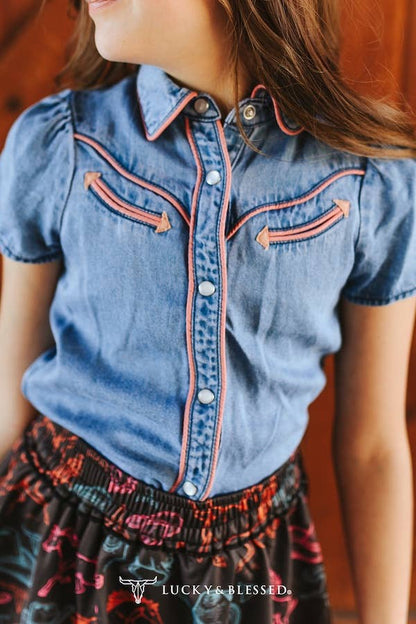 LUCKY & BLESSED Girl's Denim Western Shirt