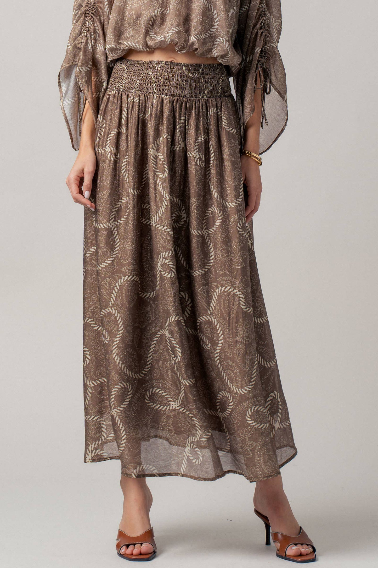 Rope Print Ruched Sleeve Blouse & Smocked Waist Skirt Set