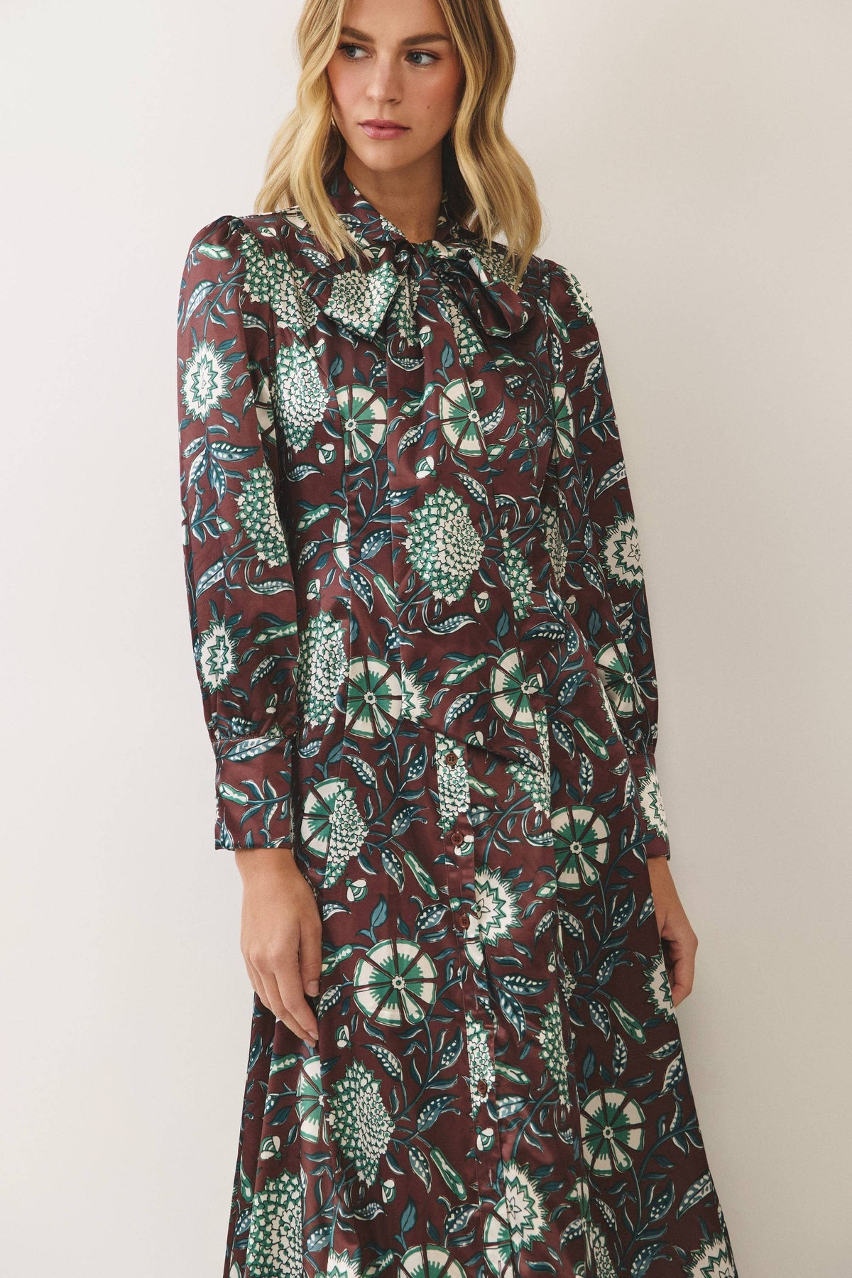 TCEC Floral Print Tie-Neck Maxi Dress