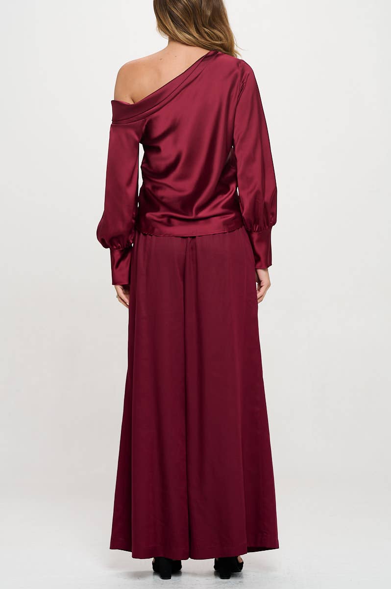 Dropped Shoulder Long Sleeve Satin Top