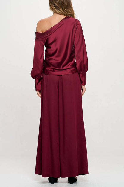 Dropped Shoulder Long Sleeve Satin Top