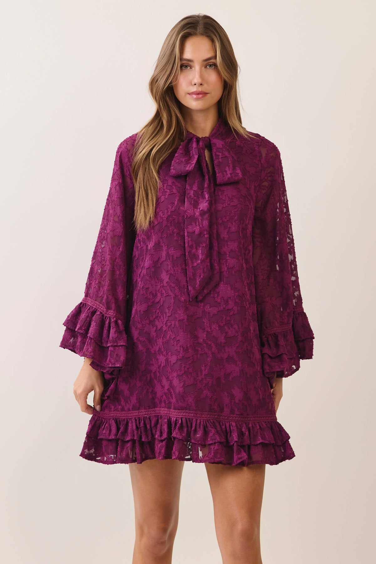 TCEC Textured Bow Neck Ruffle Mini Dress