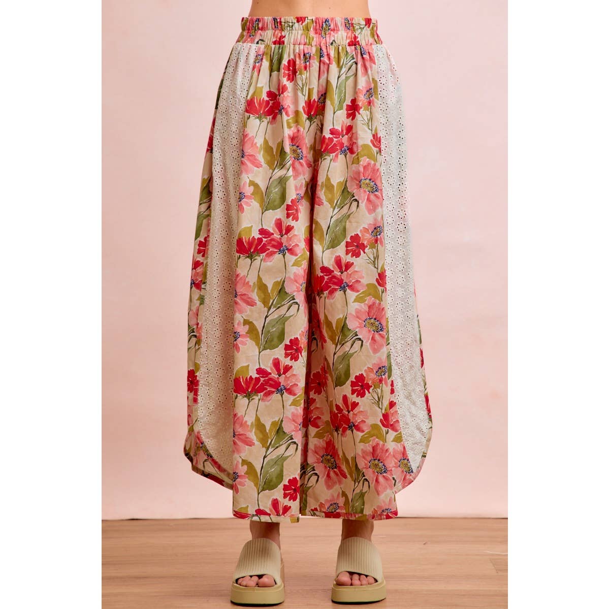 Floral Eyelet Side Elastic Waist Wide Leg Pants