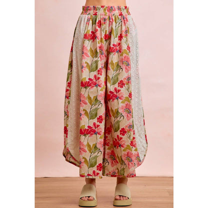 Floral Eyelet Side Elastic Waist Wide Leg Pants