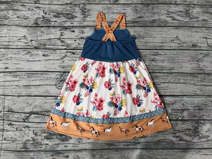 Baby Girls Western Horse Flowers Straps Knee Length Dresses
