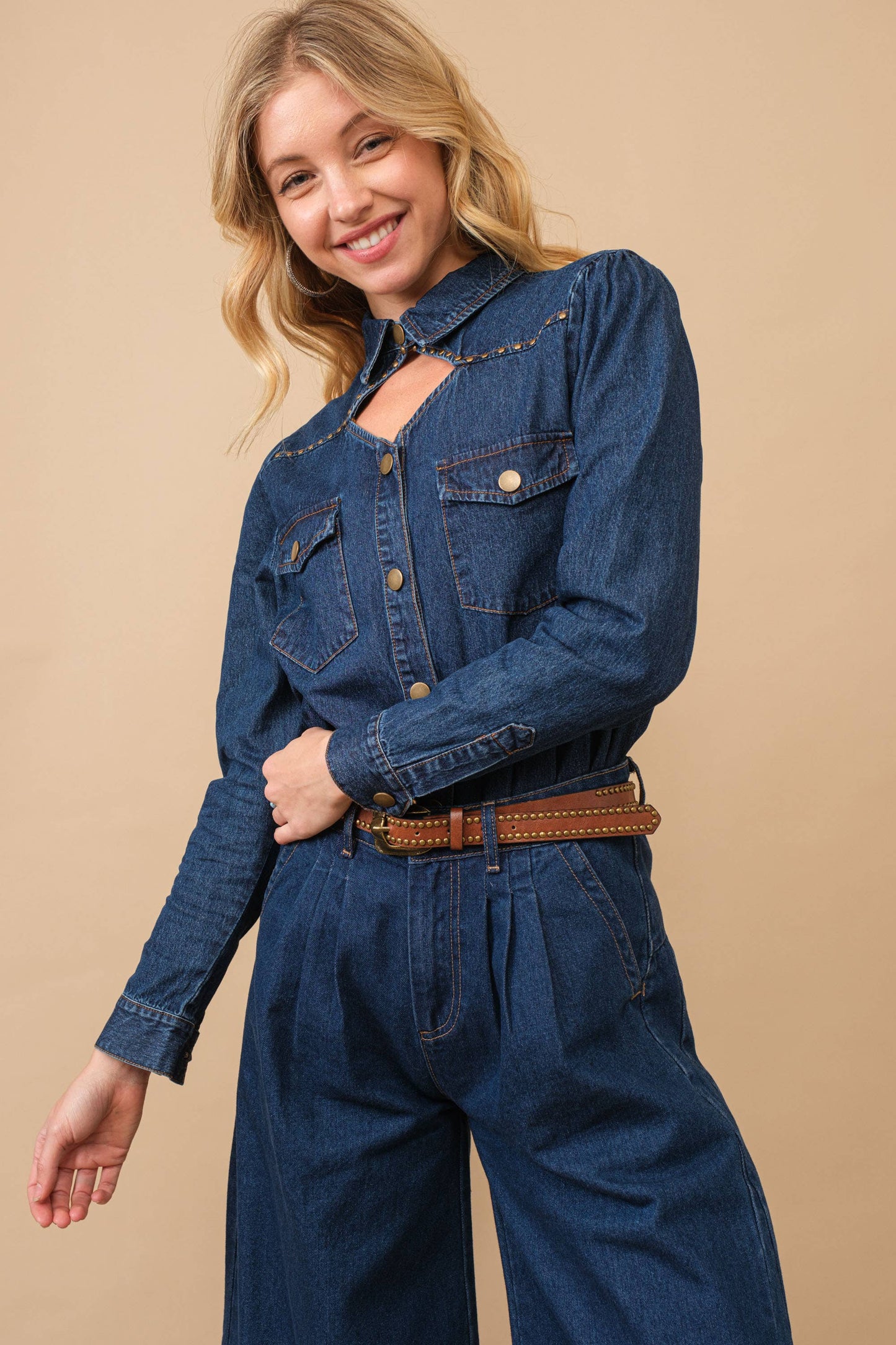 Chambray Cut Out Studded Collard Shirt Blouse