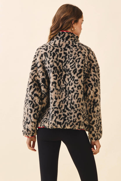 Faux Fur Leopard Half Zip Front Pullover Jacket