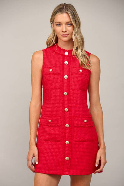 Front Pocket Sleeveless Tweed Dress