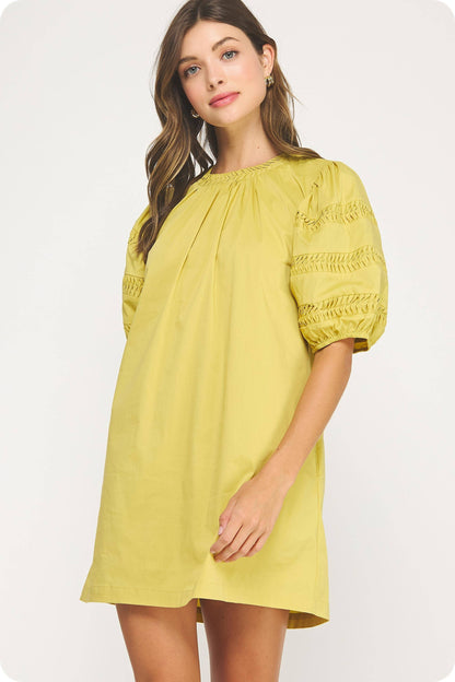Reverse Pintuck Puff Sleeve Mini Dress
