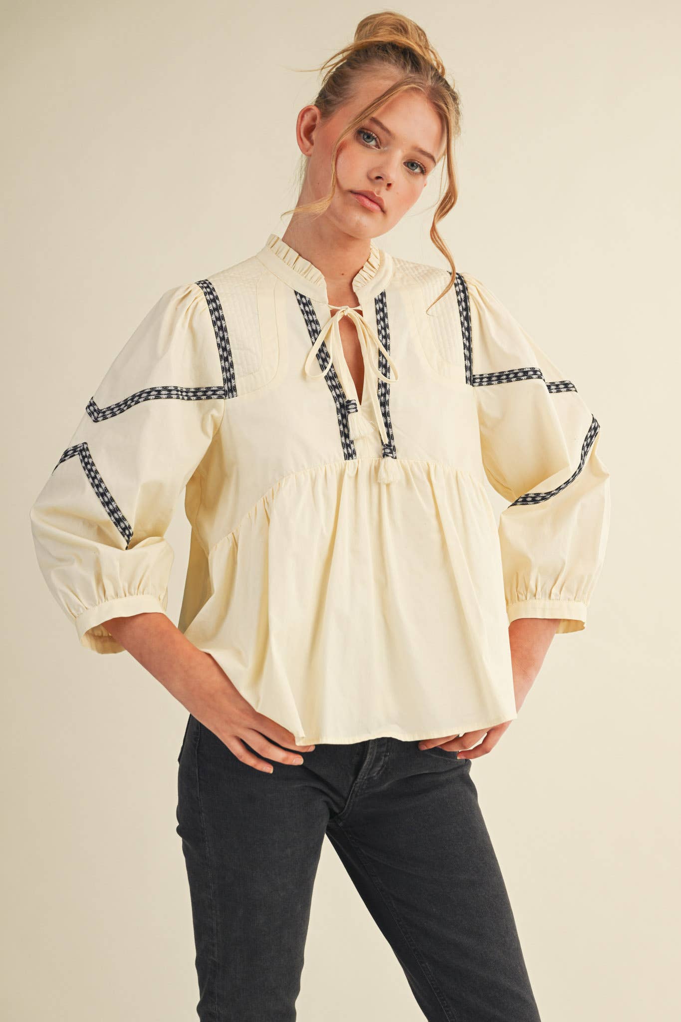 Embroidery Trim Babydoll Blouse