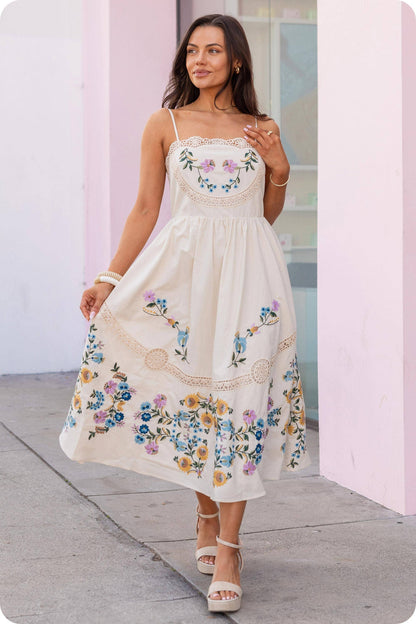 Embroidered Floral Lace Detail Midi Dress