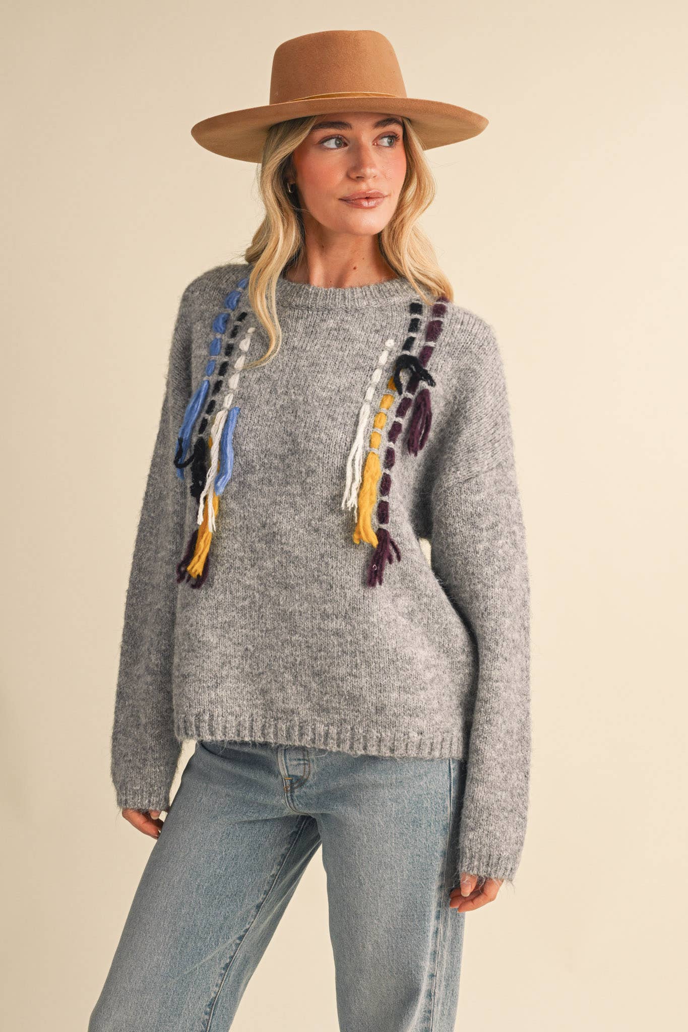 &MERCI Hand Stitched Fringe Accent Sweater
