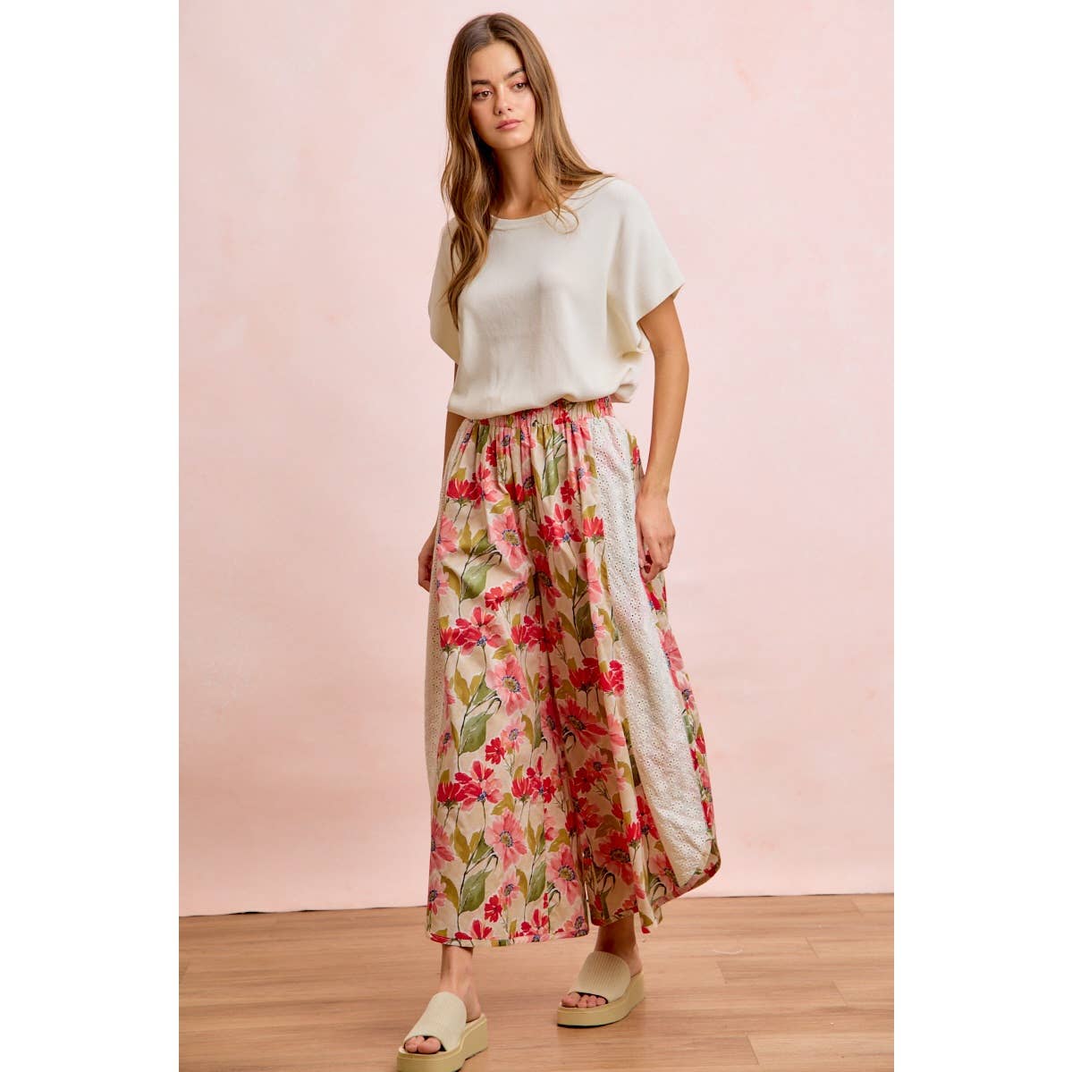Floral Eyelet Side Elastic Waist Wide Leg Pants
