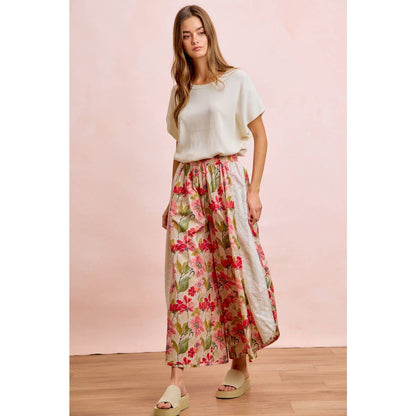 Floral Eyelet Side Elastic Waist Wide Leg Pants