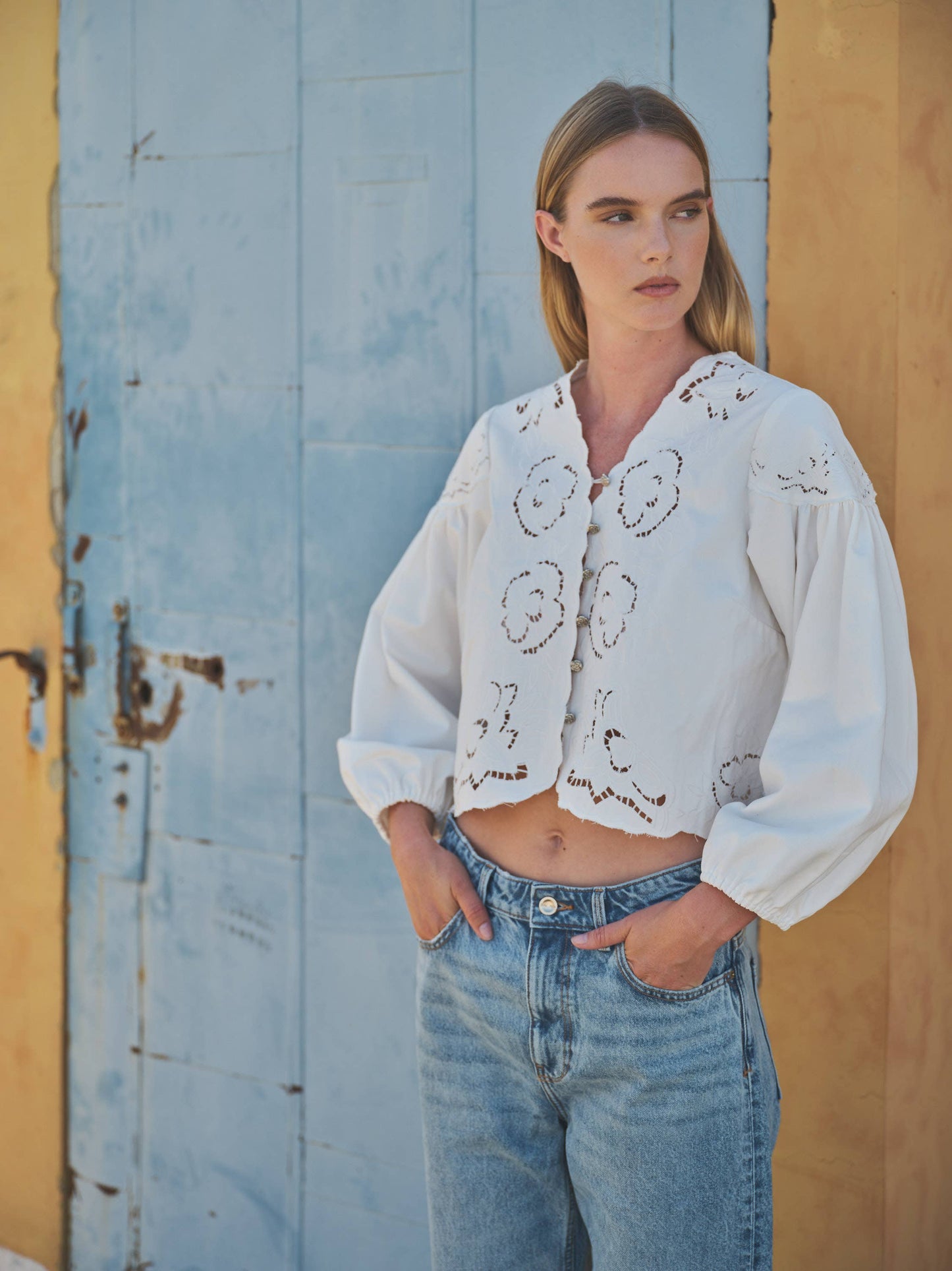Denim Embroidery Puff Sleeve Top