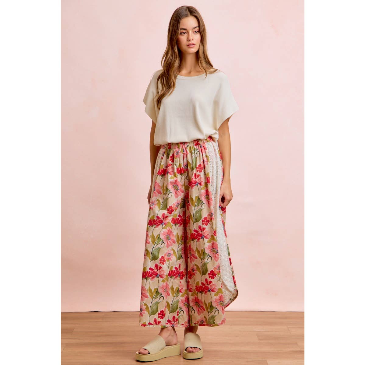 Floral Eyelet Side Elastic Waist Wide Leg Pants