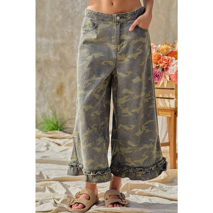CAMOUFLAGE DENIM RUFFLED HEM MID RISE BLOOMER PANTS