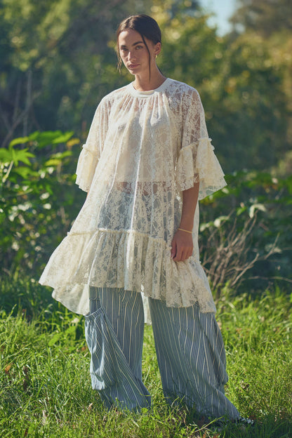 Sheered Lace Tiered Sleeve Flowy Tunic Top